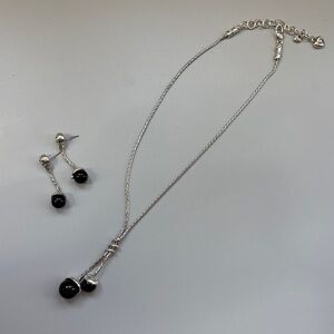 Brighton Bolero Black Onyx Orb Lariat Necklace & Dangle Earrings Set Silver Tone